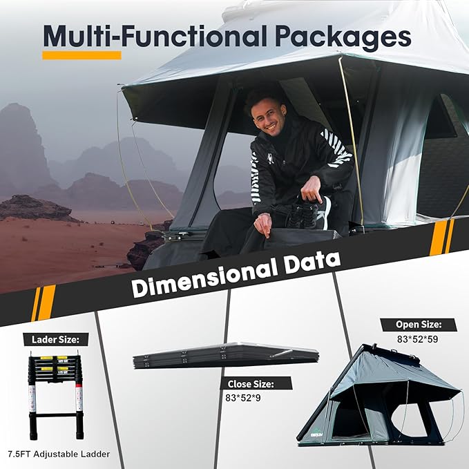 Rooftop Tent Hardshell, 2-3 Person Camping Car Roof Top Tent Hard Shell Suitable for Jeep, SUV, Truck, Van