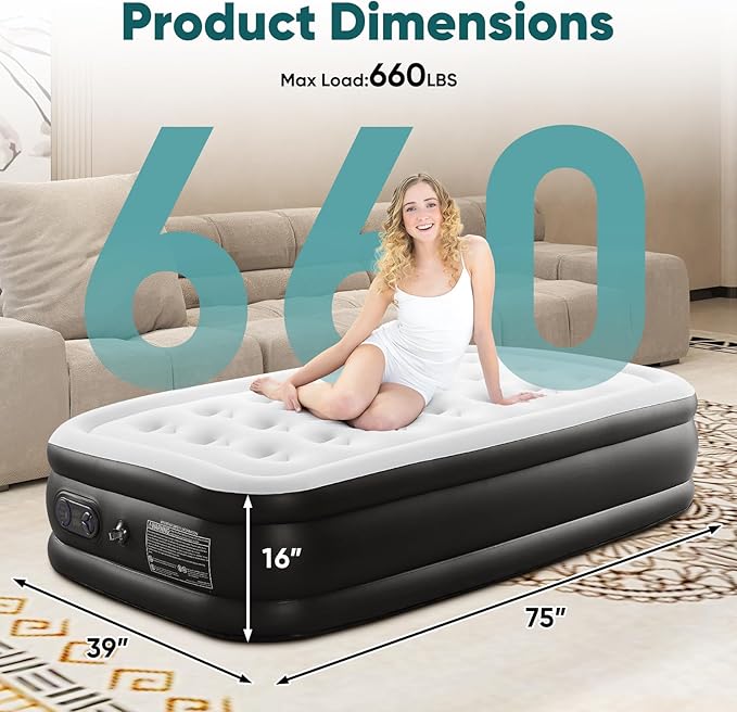Sweetcrispy Twin Air Mattress - 16" Inflatable Blow Up Airbed with Built-in High Capacity Pump, Double Height, Non-Slip Bottom Design, Weight Capacity 660 lbs Air Bed for Home or Camping