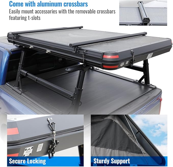 Syneticusa Aluminum Hard Shell Rooftop Truck SUV Jeep Van Tent Fits 2 Person for Overlanding Camping RTT LED Strip Light with Crossbars Cargo Carrier Easy Open