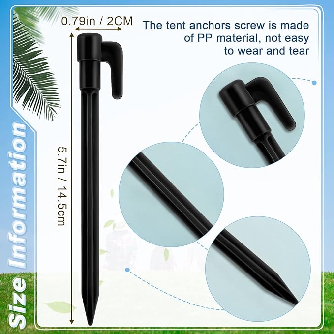24 Pack Plastic Tent Stakes 5.7 Inch Heavy Duty Canopy Anchoring Pegs Plastic Tent Pegs Sand Stakes Outdoor Beach Spikes for Camping, Gardening, Landscaping, Backpacking(Black)
