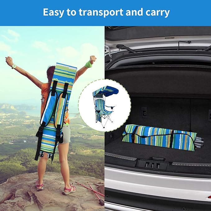 Portable Camping Chair with Adjustable Canopy Shade- Folding Camping Lounge Chair with Cup Holder & Side Pocket for Outdoor Camping, Fishing, Beach - Support 330 LBS (STREAK-2PK)