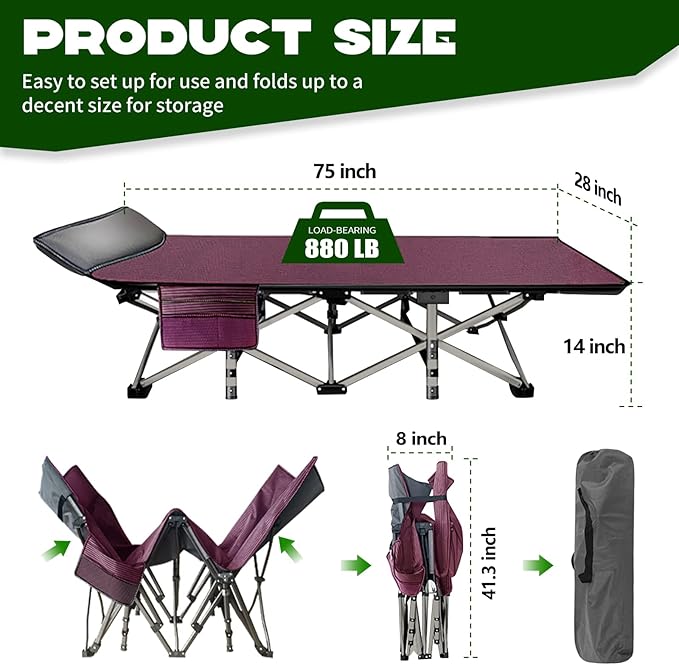NAIZEA Folding Camping Cots for Adults, Portable Cot with Mattress Heavy Duty Outdoor Bed with Carry Bag 1200d Oxford Cloth Sleeping Cots for Camping Office Nap Home Guest Beach Travel