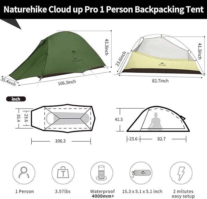 Naturehike Cloud Up 1 Person Tent, Lightweight Backpacking Tents for One Man, Waterproof Ultralight One Person Tent for Camping Hiking Backpacking