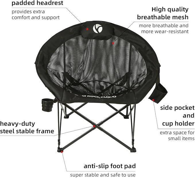 ROCK CLOUD Folding Camping Chair Oversized Padded Moon Chairs Outdoor for Camp Lawn Hiking Fishing Sports, Black