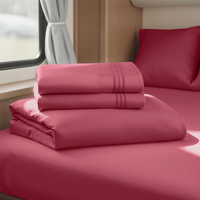 Hearth & Harbor Short Queen Sheets for RV, Burgundy Red RV Queen Sheets, Silky Soft 1800 Microfiber Bed Sheet for Camper, 4 Piece RV Bedding with Pillowcases