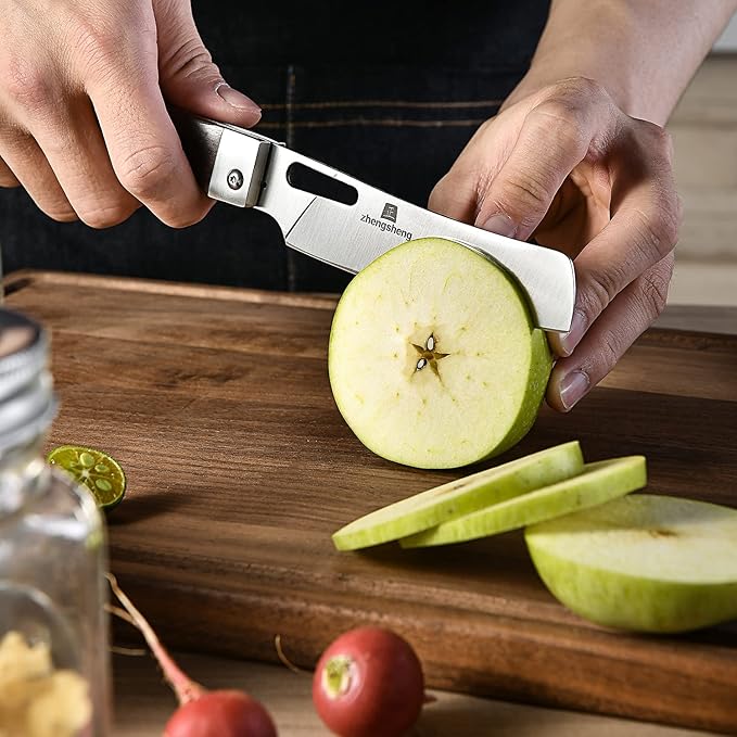 Folding Chef Knife 4.8" Sharp 440A Stainless Steel Blade Wooden Handle Pocket Foldable Japanese Style Kitchen Knife for Outdoor Camping Cooking