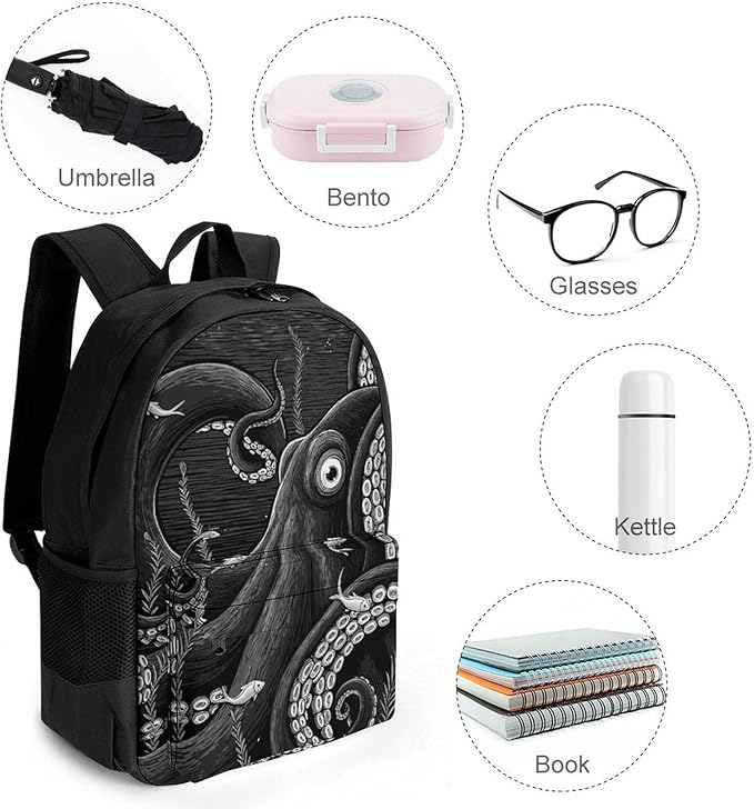 Supdreamc Polyester Daypack Backpack for Sports Travel Running, Big Capacity Anti-Theft Multipurpose Carry On Bag, Giant Squid Octopus Art Laptop Book Bag Rucksack