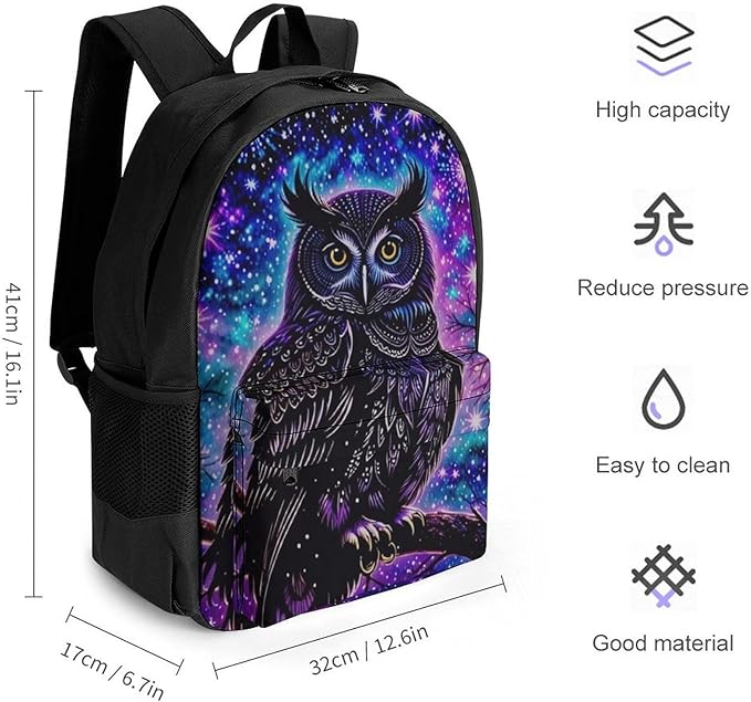 Men Women Lightweight Galaxy Owl Casual Daypack Big Capacity Bookbag With Padded Straps for Gym Travel Walking Cycling