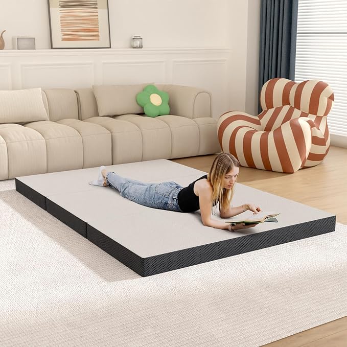 4 inch Memory Foam Tri Folding Mattress/Portable Foldable Mattress Topper with Washable Cover Non-Slip Bottom for Camping, Guest, Floor RV, CertiPUR-US Certified, Full