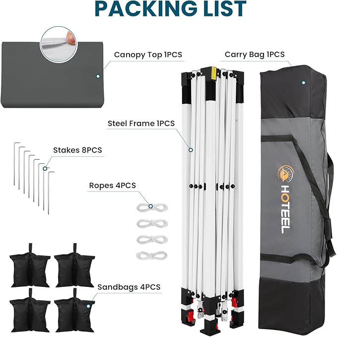 HOTEEL 10x10 Pop Up Canopy, Easy Setup Party Tent with Carry Bag, Weight Bag, Outdoor Portable Event Shelter for Backyard, Market, Gray