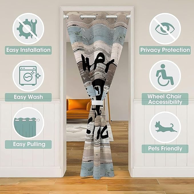 Camper Adventure Kids Door Curtain,RV Trailer Pine Tree Natural Blackout Curtain,Wooden Plank Cottage Farmhouse Bedroom Doorway Living Room Decor,Rustic Blue Privacy Door Drape 1 Panel,52" W X 84" L