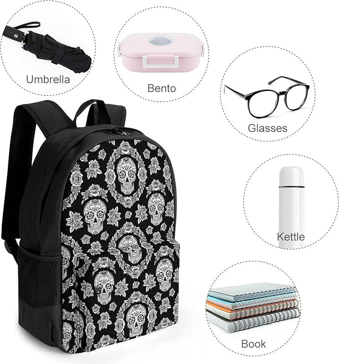 Supdreamc Men Women Lightweight Black And White Floral Day Of The Dead Mexican Sugar Skulls Casual Daypack Large Capacity Bookbag With Adjustable Shoulder Straps for Gym Business Bicycle