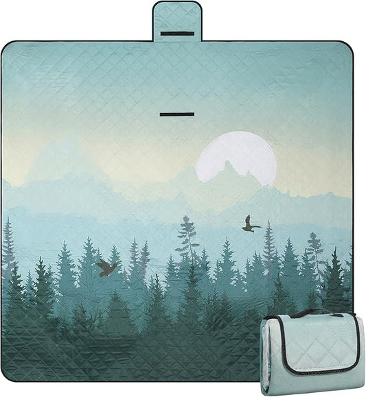 Picnic Blanket Waterproof Extra Large 79”x79” 210D Oxford Outdoor Blanket for Grass Portable Sand Proof Beach Blanket for 6-8 Adults, Morning Forest