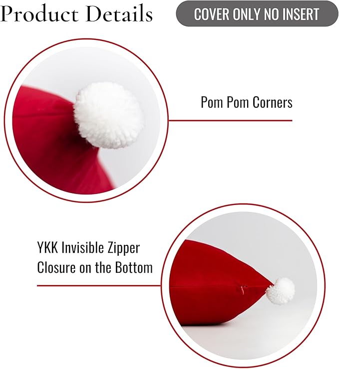 Hofdeco Premium Christmas Holiday Winter Soft Velvet Decorative Throw Pillow Cover ONLY for Couch, Sofa, Bed, Red Solid with pom poms, Red, 18"x18"