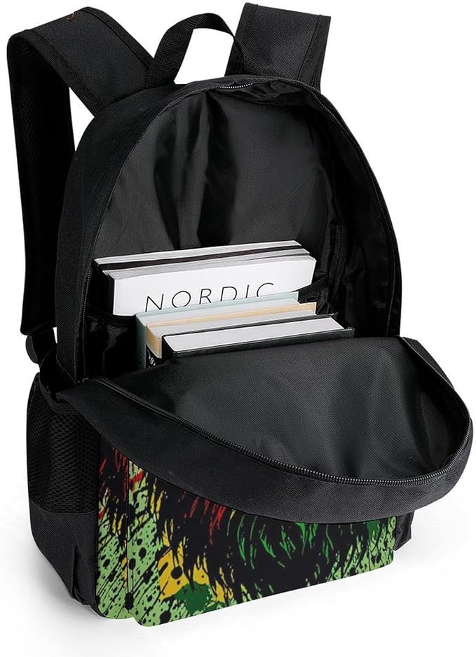 Men Women Polyester Rasta Flag Black Paint Splatter Lion Casual Daypack Large Capacity Carry On Bag With Adjustable Shoulder Straps for Camping Work Running