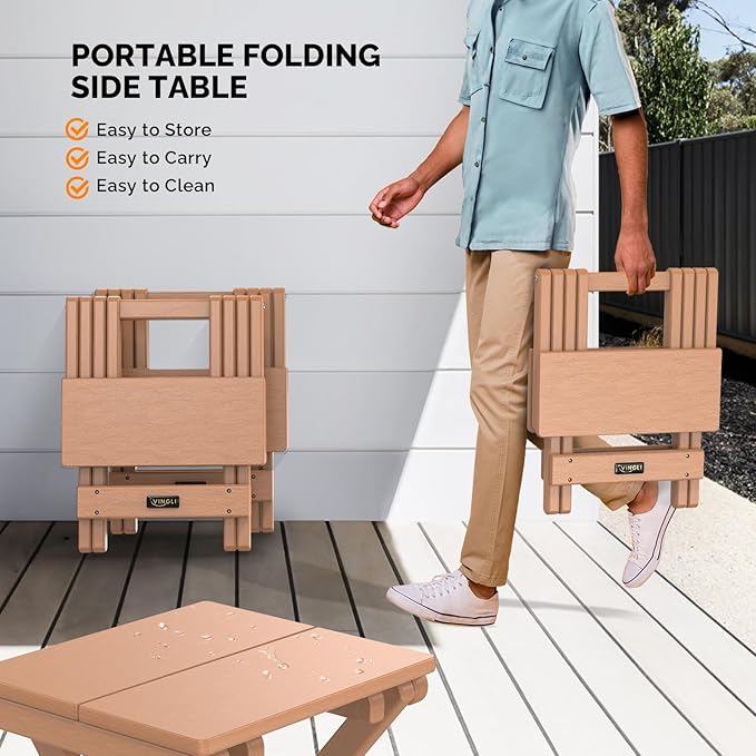 VINGLI Small HDPE Folding Side Table, Plastic Waterproof Portable Adirondack Coffee End Tables, All Weather for Patio, Backyard, Pool, Indoor Use, Teak