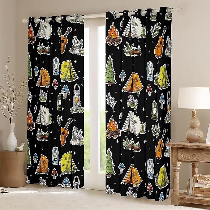 Feelyou Black Camping Camper Curtains for Bedroom Living Room Campfire Music Guitar Blackout Darkening Drapes Happy Camping Window Treatments, 2 Panels 42 x 84 Inch Room Decor