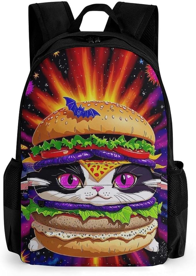 Adults Lightweight Space Hamburger Cat Rucksacks Large Capacity Bookbag With Adjustable Shoulder Straps for Trekking Outdoors Bicycle