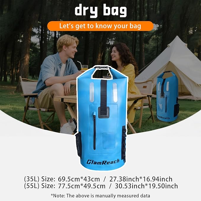 Waterproof Backpack, 55L Dry Bag for kayaking, Hiking, Travel, Camping,Fishing & Paddle Boarding with 2L dry bag for Men &Women (Blue, 55L)