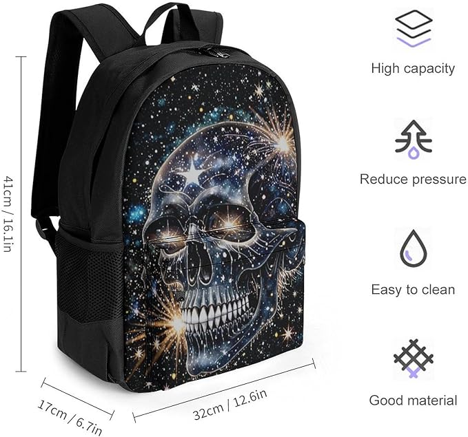Men Women Polyester Magical Machine Skull Art Daypack Big Capacity Shoulder Bag With Smooth Zippers for Hiking Work Walking Cycling