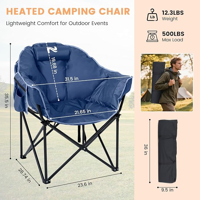 Oversized Heated Camping Chair, Heated Chairs Outdoor Sports with 3 Heat Levels, Portable Folding Heated Outdoor Chair for Lawn Patio Lounge, Battery NOT Included
