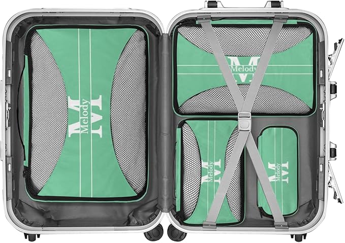 Personalized 4 Set Packing Cubes Luggage Packing Organizers Travel Accessories for Women Girls Men, Mint Green with Initial Letter