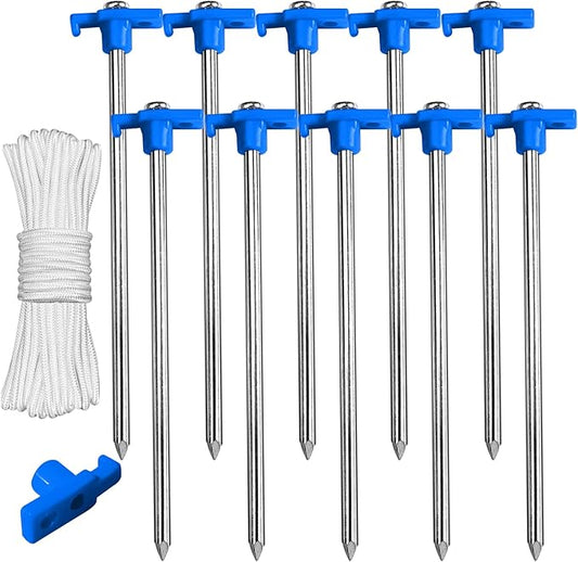 ABCCANOPY 8 Inch Tent Stakes 10 Pcs Non-Rust Metal Ground Anchors, Heavy Duty Spikes with 4 Ropes for Outdoor Camping, Blue