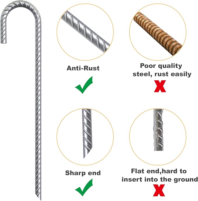 Eurmax USA Trampolines Stakes Heavy Duty Ground Stakes Canopy Parts Wind Stake with Rope 12 Inch Heavy Duty Stake Safety Ground Anchor Galvanized Steel J Shaped, Pack of 4(Silver)