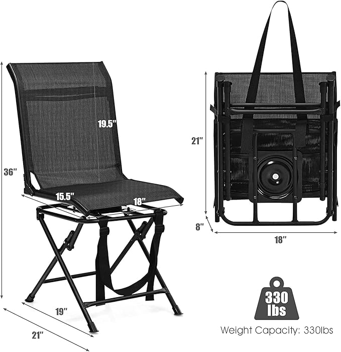 Moccha 360-degree Swivel Blind Chair, Foldable Hunting Chair w/Mesh Back & Non-Slipping Pads, Multi-Position X Steel Frame Portable Outdoor Chairs for Camping, Hunting, Fishing, Black
