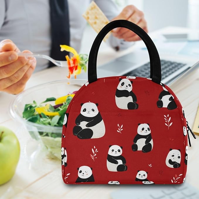 Kcldeci Kids Lunch Bag Insulated Lunch Box for Boys Girls Bear Panda on Red Reusable Toddler Leak-proof Lunchbox for School and Daycare
