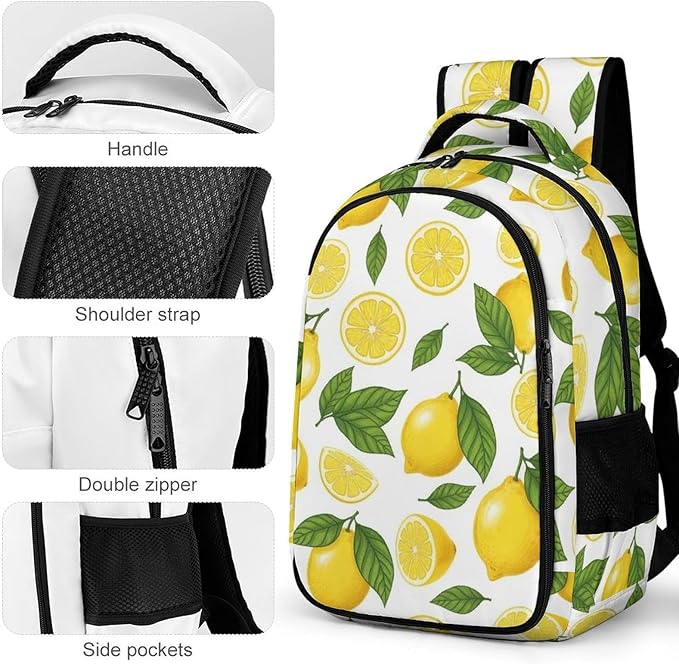 Casual Lightweight Laptop Backpack Yellow Lemon, Cute Travel Daypack with Tumbler Holder for College Nurse Teacher Work Commute