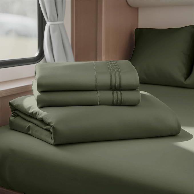 Hearth & Harbor Short Queen Sheets for RV, Olive Green RV Queen Sheets, Silky Soft 1800 Microfiber Bed Sheet for Camper, 4 Piece RV Bedding with Pillowcases