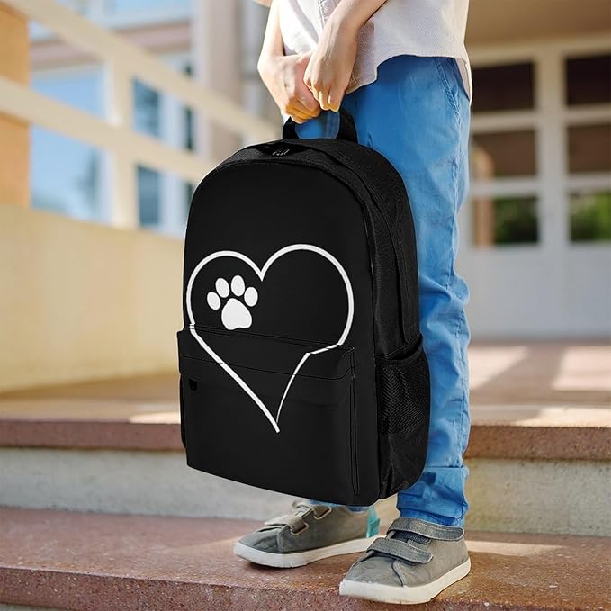 Supdreamc Polyester Daypack Bookbag for Gym Business Bicycle, Large Capacity Multipurpose Anti-Theft Carry On Bag, Cat Dog Paw Prints Heart Black Travel Hiking Daypack