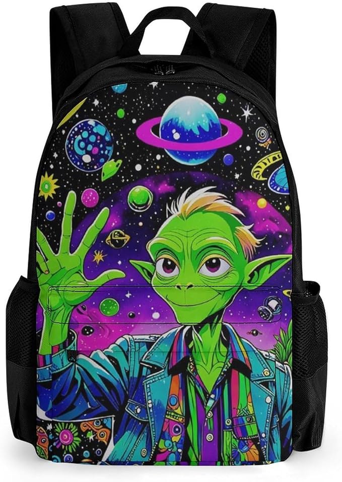 Supdreamc Daypack Bookbag Anti-Theft Multipurpose Large Capacity Bookbag, Psychedelic Space Alien Art Travel Hiking Camping Rucksack With Adjustable Shoulder Straps