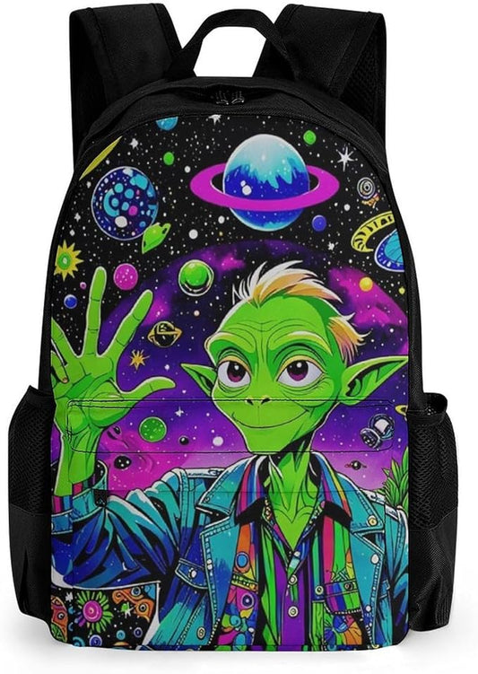 Supdreamc Daypack Bookbag Anti-Theft Multipurpose Large Capacity Bookbag, Psychedelic Space Alien Art Travel Hiking Camping Rucksack With Adjustable Shoulder Straps