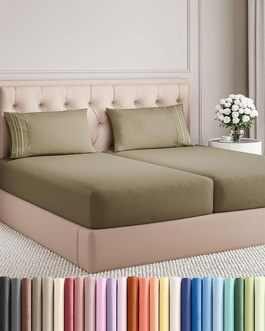 Split King Size 5 Piece Sheet Set - Comfy Breathable & Cooling Bed Sheets Set - Hotel Luxury Bedding for Women, Men, Kids, Teens, Boys & Girls - Deep Pockets, Soft and Wrinkle Free - Oeko-Tex - Khaki