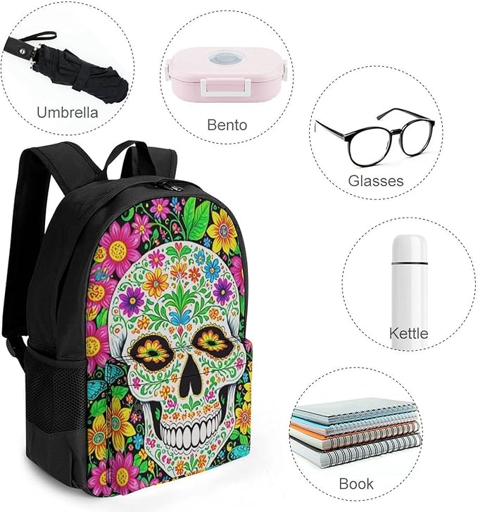 Supdreamc Daypack Lightweight Multipurpose Anti-Theft Colorful Floral Sugar Skull Shoulder Bag Large Capacity Laptop Book Bag Rucksack With Adjustable Shoulder Straps