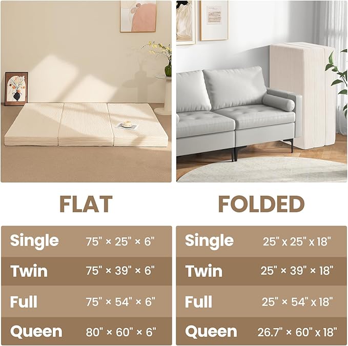 6-Inch Tri-Fold Mattress Queen Size - Foldable Futon Sofa Bed with Removable Washable Cover, Folding Memory Foam Futon Mattress | Non-Slip Bottom & Carry Handles for Guest, Camping, Dorm