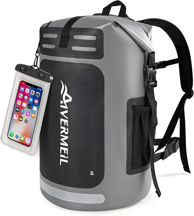 Dry Bag Waterproof Backpack 35L for Men & Women Roll-Top Hiking Backpack with IPX8 Waterproof Phone Case for Kayaking Boating Cushioned Padded Back Grey