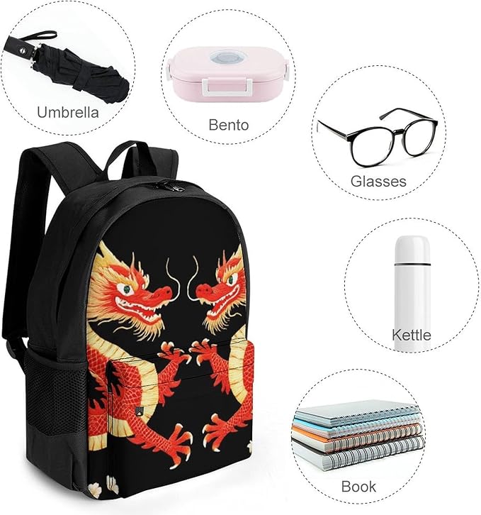 Men Women Polyester Floral Chinese Japanese Dragon Flower Backpack Large Capacity Bookbag With Smooth Zippers for Climbing Picnic Bicycle