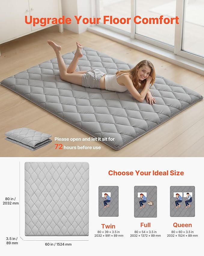 VEVOR 9-Layer Japanese Futon Mattress, 3.5" Thick Queen Tatami Mat, Foldable Roll Up Mattress for Sleeping with Storage Bag, Portable Floor Mattress for Camping Dormitory Yoga, Gray