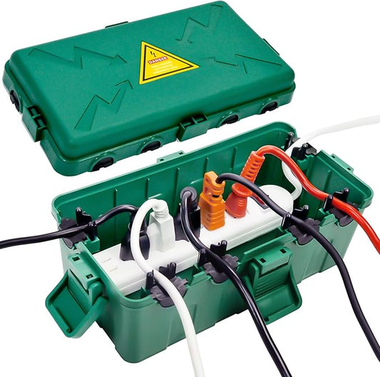Hrensaw Medium Outdoor Electrical Box(10.6x5.7x4.9inch),Weatherproof Connection Box w/6 Cable Entry,IP54 Waterproof Extension Cord Cover Protect Power Strip,Timer,Plug,Holiday Lights,Green