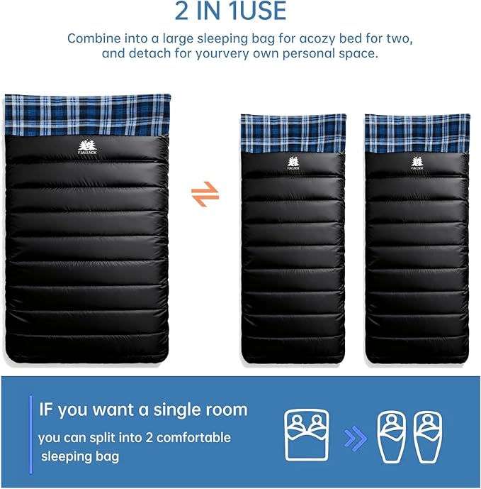 Double Sleeping Bag Cotton Flannel for Camping, Backpacking Or Hiking. Waterproof Queen Size Two Person Sleeping Bags for Adults Or Teens. Lightweight with Compression Sack