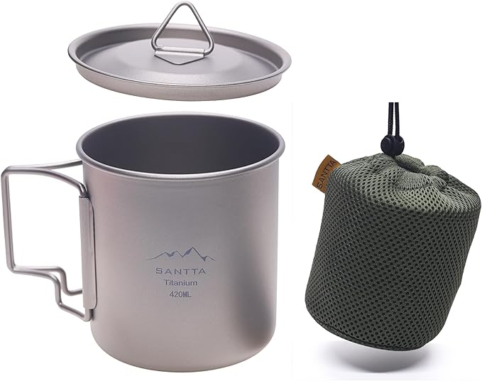 SANTTA Titanium Cup | 14 OZ Leightweight Camping Mug with Foldable Handle and Lid 420mL