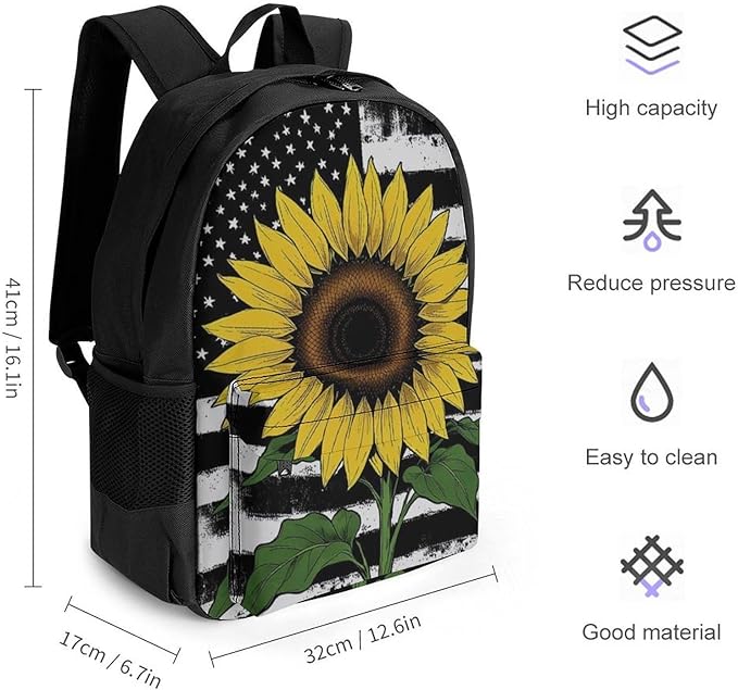 Supdreamc Men Women Polyester American Thin Black Line Flag Sunflower Art Backpack Large Capacity Bookbag With Smooth Zippers for Climbing Picnic Bicycle