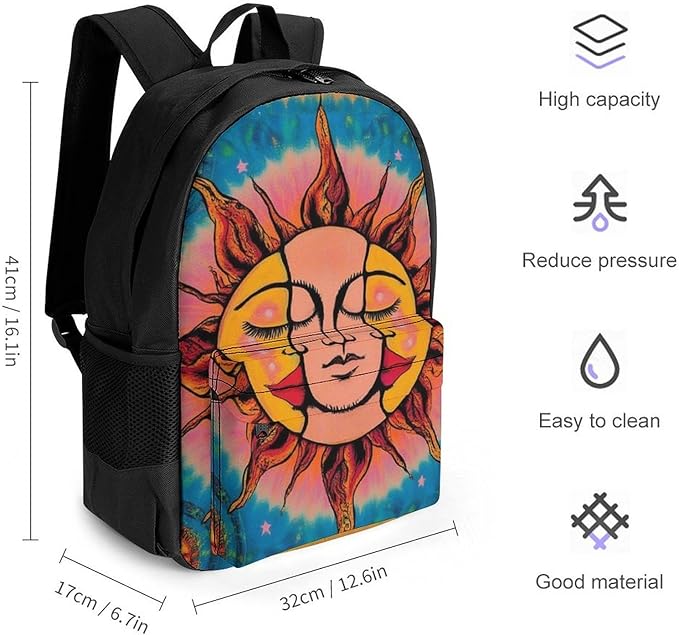 Daypack Polyester Anti-Theft Multipurpose Sun And Moon Art Bookbag Big Capacity Gym Outdoor Hiking Backpack With Adjustable Shoulder Straps