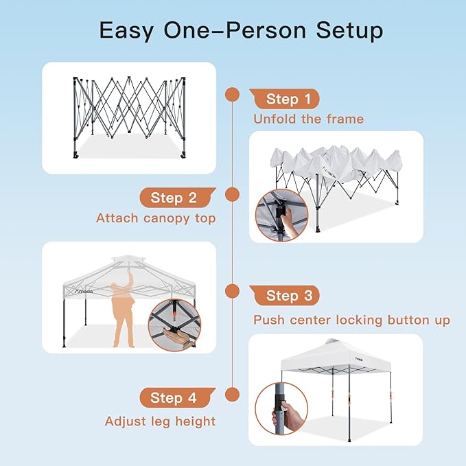 Amada 12x12 Pop Up Canopy - Center Lock One Push Instant Setup Gazebo Outdoor Canopy Beach Tent with STO-N-Go Bag 8 Stakes & 4 Sand Bags, 3-Height Adjustable Shade Shelter (12x12ft, White)