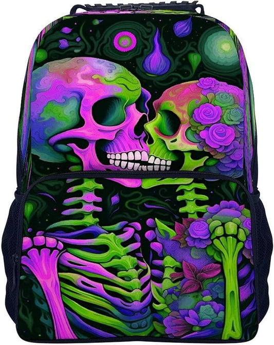 Lightweight Daypack Backpack for Sports Travel Running, Large Capacity Multipurpose Anti-Theft Bookbag, Skeleton Love Kiss Colorful Art Laptop Backpack Daypack