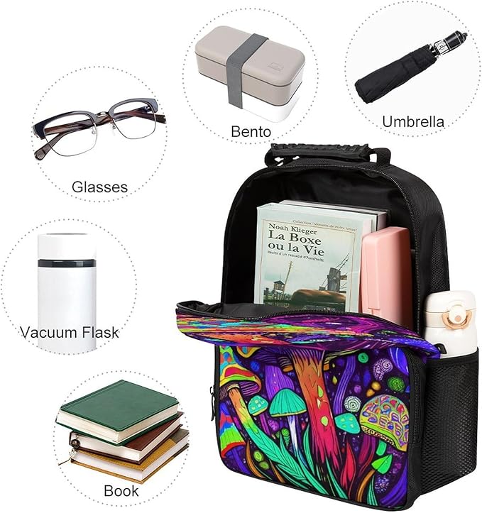 Polyester Daypack Backpack for Sports Travel Running, Big Capacity Anti-Theft Multipurpose Carry On Bag, Psychedelic Magic Mushrooms Trippy Art Laptop Book Bag Rucksack