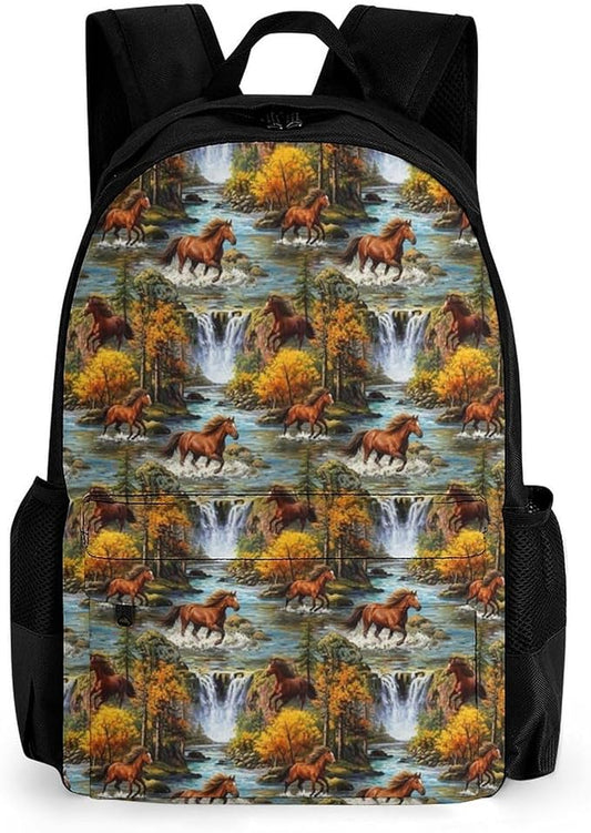 Men Women Lightweight Fall Leaves Running River Waters Wild Horse Backpack Large Capacity Carry On Bag With Padded Straps for Sports Work Walking Cycling